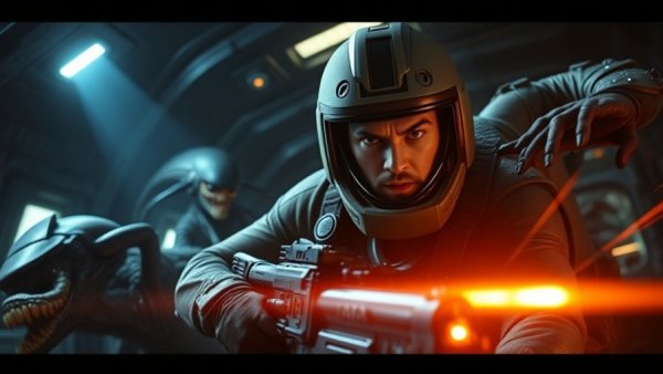 Futuristic action scene with soldier and aliens in spaceship for Alien Rogue Incursion on Switch 2.