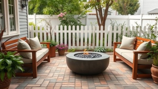 Serene backyard patio with elegant seating and soft decor.