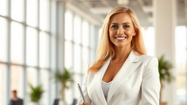 Smiling woman in white suit in bright office related to AI startup funding.