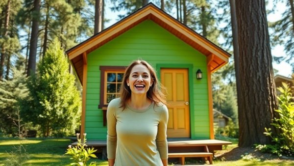 Excited woman near green off-grid tiny house, lush setting.