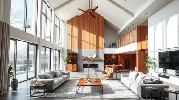 Modern home trends Omaha - high-ceiling living room with natural light.