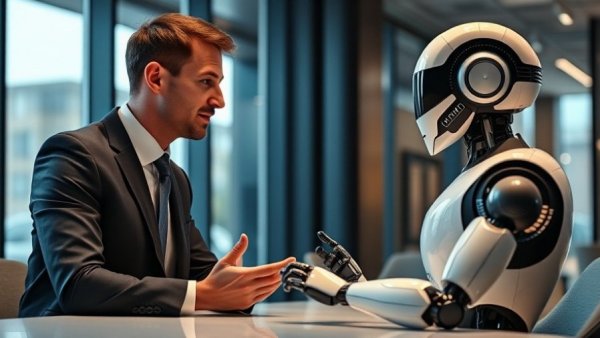 HR technology meeting with robot in office setting