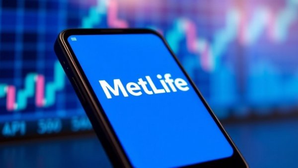 MetLife logo on phone with stock market chart backdrop, CHROs context.