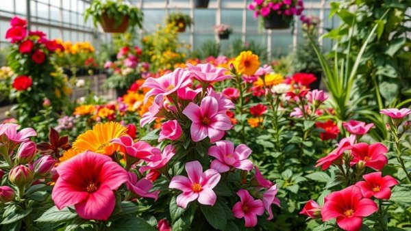 Lush array of vibrant outdoor patio plants in a greenhouse.