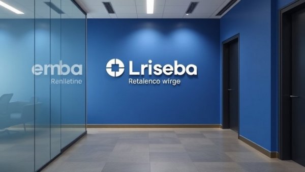 Remote hiring office with blue logo wall and slogan.