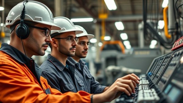 Engineers addressing cybersecurity vulnerabilities in manufacturing facility.