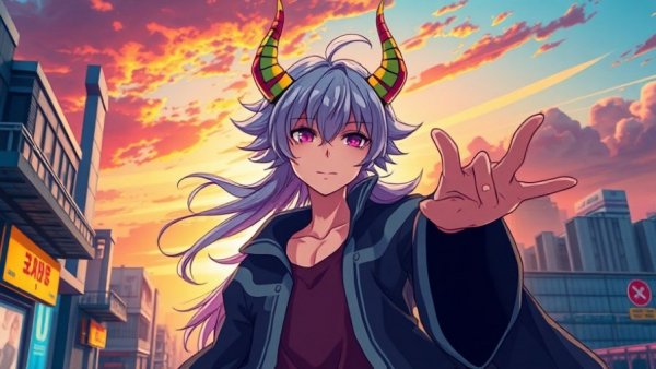 Anime character with cosmic horns in dynamic scene.