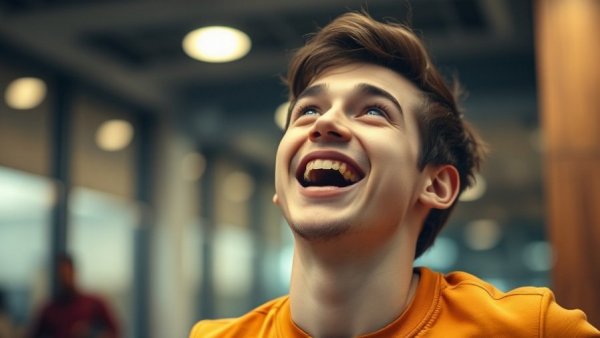 Joyful young man smiling indoors for HR compliance concept.