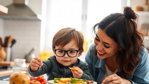 Curious toddler exploring food, in cozy kitchen setting.