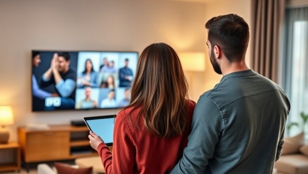 Couple streaming TV content without Sky or Virgin in a cozy setting.