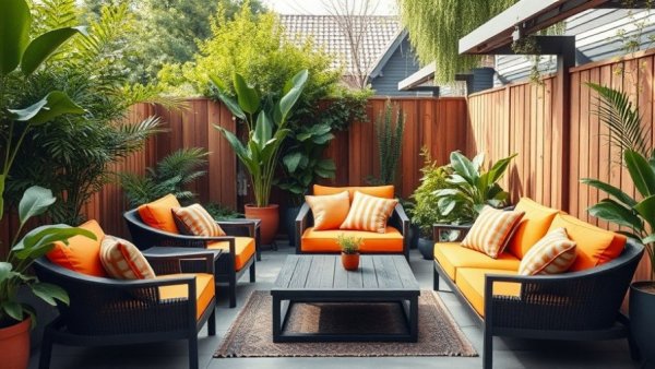 Modern patio design with orange cushions and greenery.