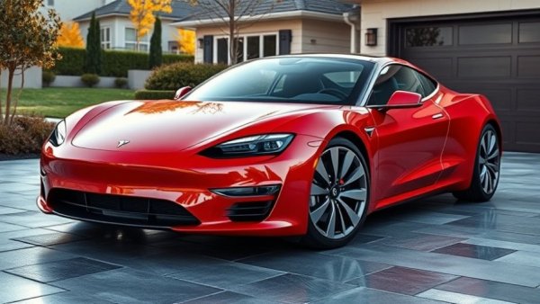 Sleek red Tesla Roadster parked on driveway, emphasizing design and style.