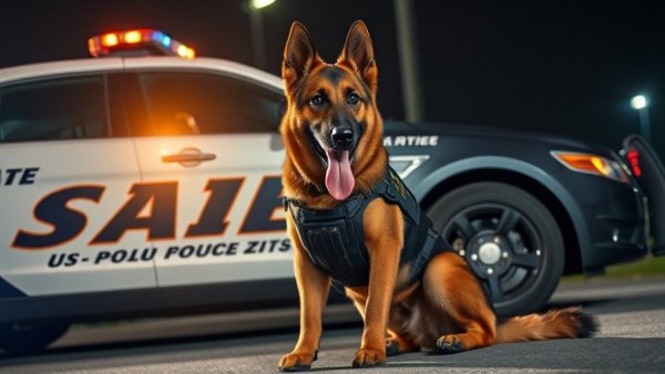K-9 in state police body armor beside police car at night