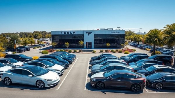 Tesla dealership with numerous cars around, highlighting autonomy.