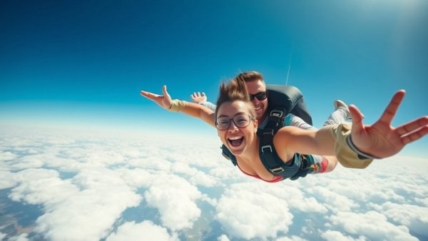 Omaha high-flying adventures: Excited skydiving tandem against blue sky and clouds.