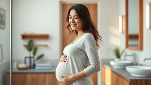 Pregnant woman in modern bathroom representing pregnancy hormones.