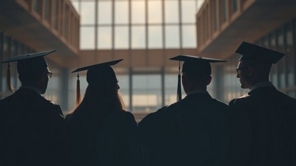 Silhouetted graduates standing in front of a modern building.