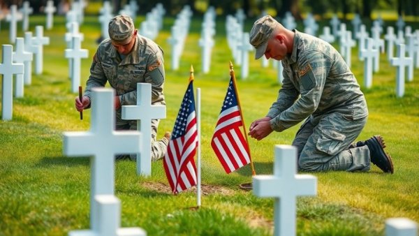 Military personnel honoring grave with flags at 29th Infantry Division D-Day cemetery.