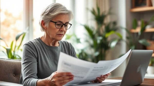 Mature woman reviewing financial documents at home, highlighting employee financial wellness initiatives.