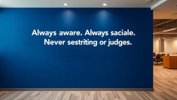 Office wall with company motto in blue, remote hiring theme.