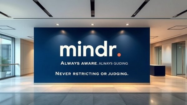 Modern office entrance with 'mindr' branding promoting remote hiring.