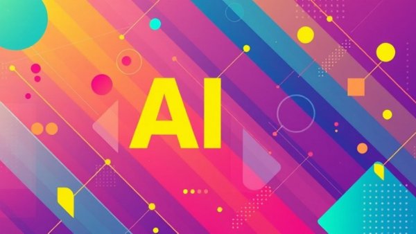 Abstract tech graphics with AI concept and bold colors.
