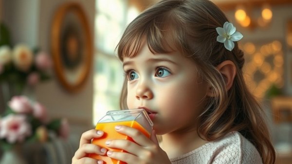 Young girl enjoying a juice box indoors, Parenting Hacks for Busy Families.