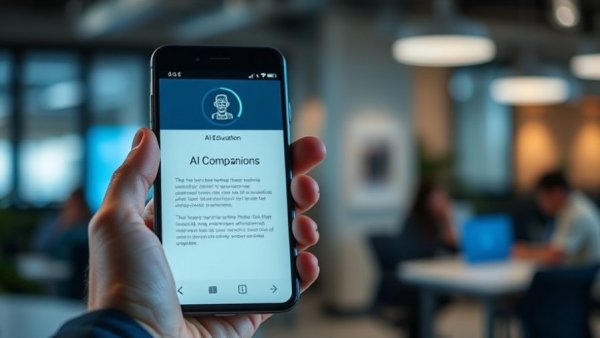 AI courses: Hand holding phone with AI companion app in educational setting.