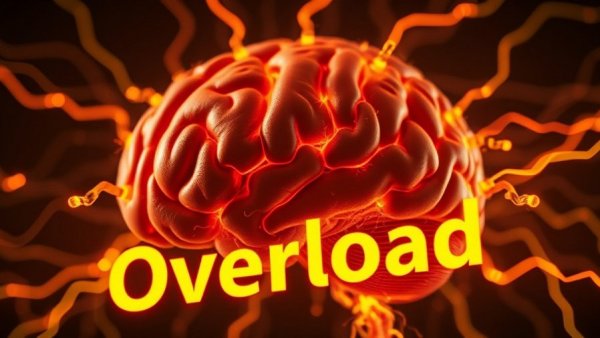 Conceptual illustration of AI brain overload with warning sign.