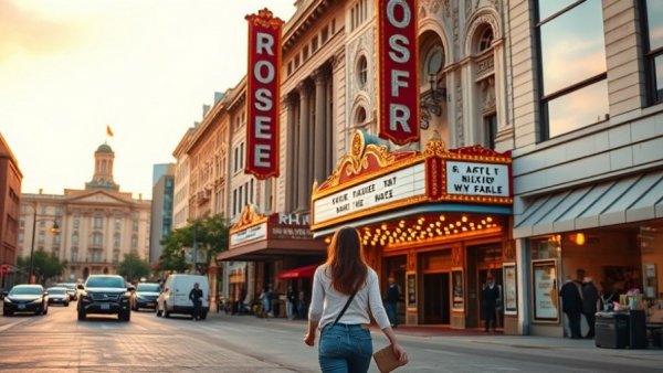 Rose Theater Omaha family entertainment scene with pedestrians and sunset sky.