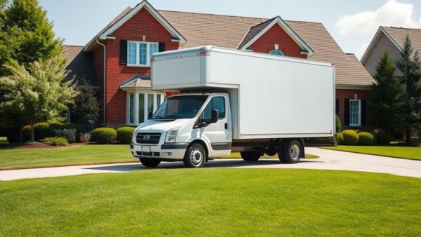White moving truck outside a suburban house, illustrating cheapest moving truck rental companies 2026.