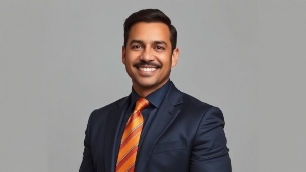 Smiling man in a suit against gray background