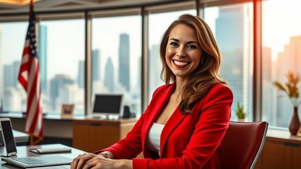 Professional woman in an office setting addressing anti-trans workplace policies.