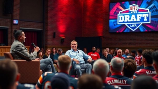Panel discussion at NFL Draft featuring an audience in jerseys and vibrant backdrop.