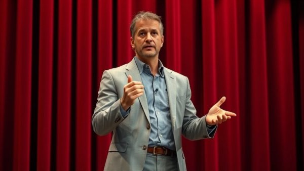 Man casually discussing on stage, gray suit, relaxed setting.