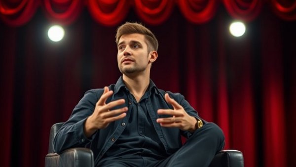 Young man gesturing on stage during discussion