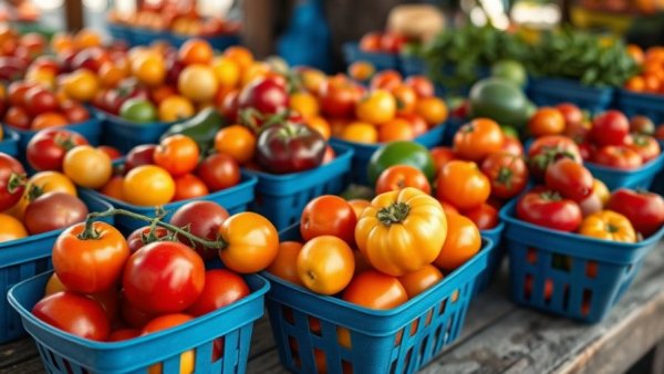 Assorted heirloom tomatoes at Omaha farmers markets, vibrant display.