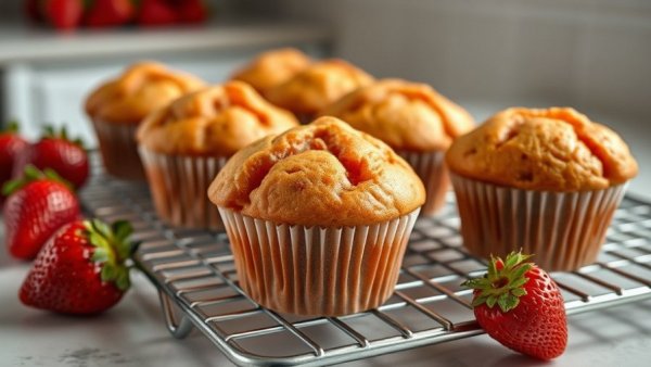 April Meal Plan Week 5: Strawberry muffins on a cooling rack with fresh strawberries.
