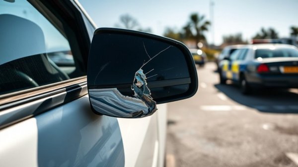 Traffic incident scene with damaged vehicle mirror in Illinois parking lot.