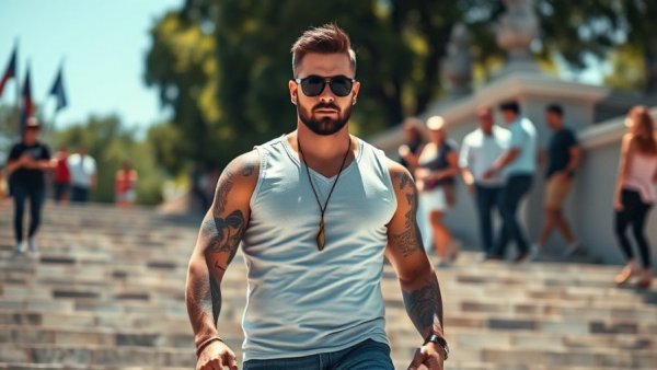 Expat contemplating identity at outdoor stairs on a sunny day.