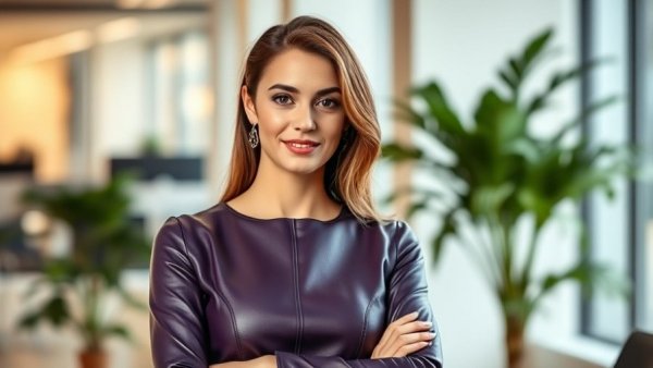 Professional woman posing indoors, highlighting employer branding.