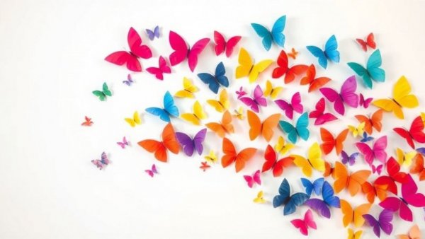 Colorful butterfly crafts for kids displayed on a white wall.