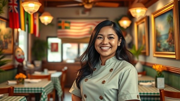 Filipina chef in Ono Pinay Kitchen with Hawaiian decor.