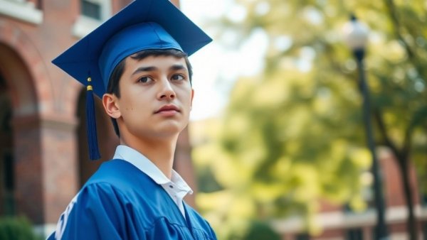 Teenage communication concept with graduate in blue cap and gown.