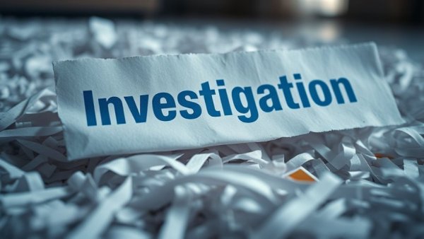 Close-up of 'Investigation' text on torn paper over shredded documents related to military jobs.