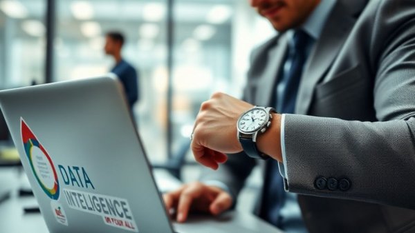 Professional in office adjusting wristwatch with decorated laptop.