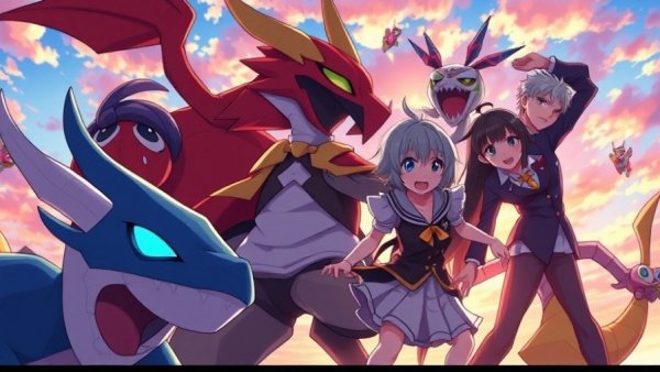 Anime characters and Digimon in vibrant setting. Digimon Story Time Stranger Switch Performance.