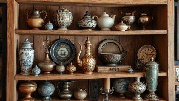 Antique finds for home office displayed in a wooden cubby.
