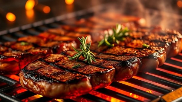 Juicy steaks grilling at a San Antonio festival.