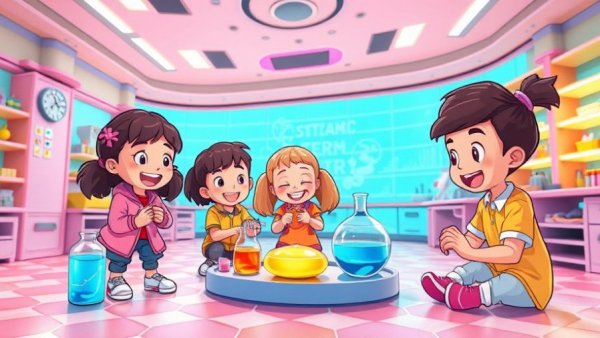Inspiring animated scene of kids exploring STEM concepts